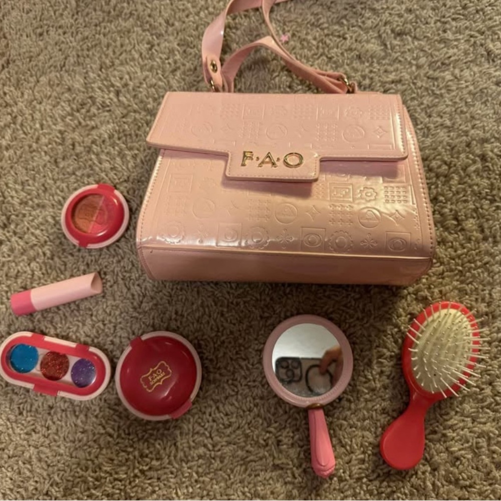 Pink Rose Gold FAO Handbag with Playful Makeup Accessories